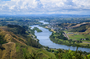 View of Huntly and Waikato River from Hakarimata Summit track. Huntly. New Zealand.