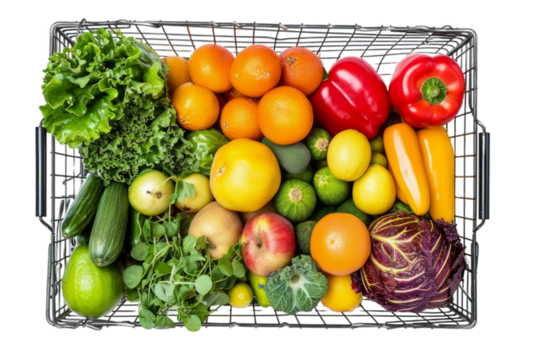 Realistic photography of green, yellow, or red Fruits and Vegetables Inside a wire shopping basket, top view, isolated on white background.