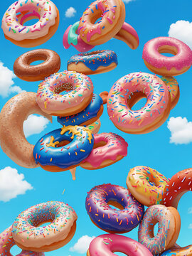Donut Rain with blue sky and colorful donuts Generative AI