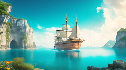 Old sail ship floating on calm ocean with half moon and stars in background.