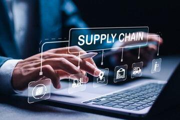 SCM or supply chain management concept, Businessman using laptop with virtual supply chain icon, Logistic and transport, organizing and controlling resources to meet the needs of customers. - obrazy, fototapety, plakaty
