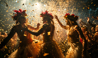 People in carnival costumes with feathers and sequins at a colorful dance party generated AI