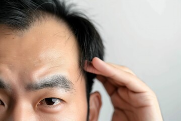 生え際の薄毛に悩む男性（AGA・男性型脱毛症・若ハゲ・M字ハゲ・はげ・育毛剤） - obrazy, fototapety, plakaty