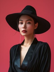 Beautiful Asian woman posing in a black fedora hat and black clothes