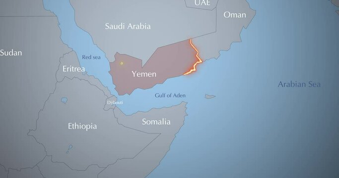 Animation of map Yemen and surrounding countries, conflict in the Red Sea.