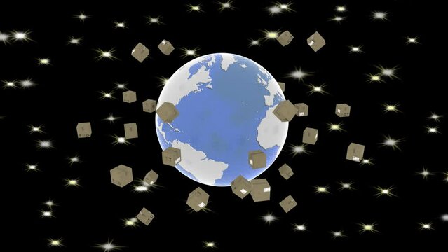 Animazione illustrazione 3D. Spedizione intorno al mondo. Pacchi ruotano attorno al globo per essere consegnati.