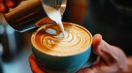 The image shows a person pouring milk into a cup of coffee, Ai Generated