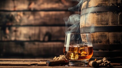 A glass of whiskey sits on a wooden barrel, next to a pair of cigars, Ai Generated