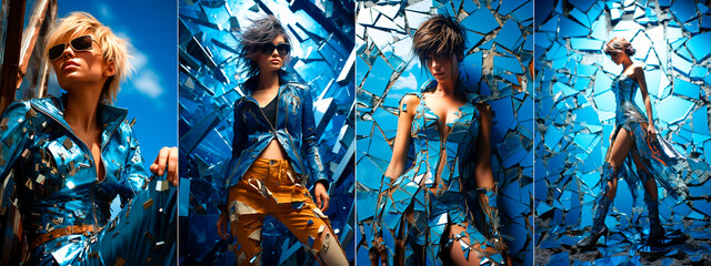 Solarpunk style model Blue abstract background adds a futuristic element HDR and slow motion techniques used for dynamic effect Cracks in the image add an edgy grunge vibe - obrazy, fototapety, plakaty