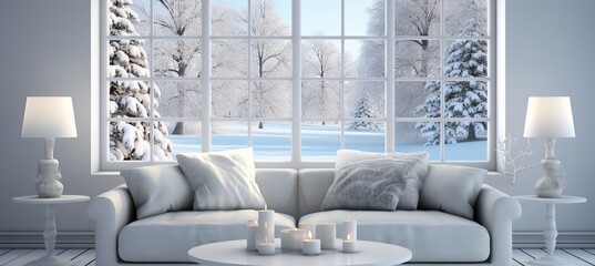 Snowy mountain view from cozy cottage windowserene christmas nature background for product display