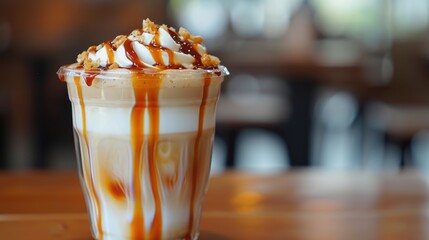 A glass of iced coffee with whipped cream and caramel sauce, Ai Generated - obrazy, fototapety, plakaty