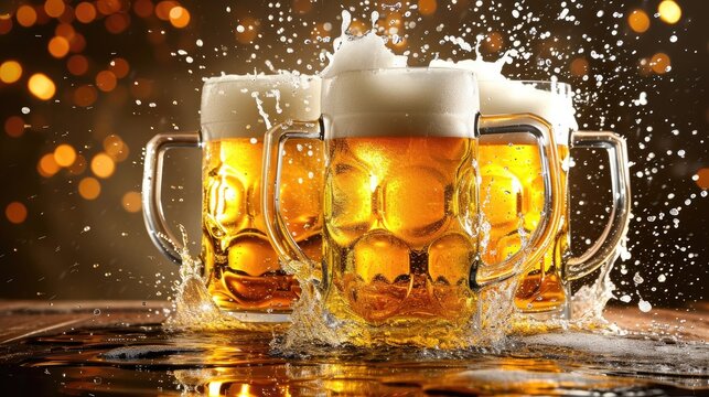 The image shows two mugs of beer being thrown into the air with a splash of beer coming out of them, Ai Generated