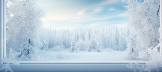 Snowy winter mountains and forest view through cottage window, christmas nature background