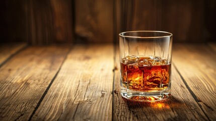 A glass of whiskey with ice cubes on a wooden table, Ai Generated