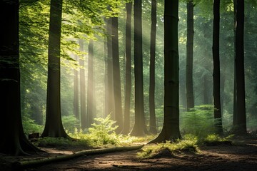 In a summer forest, sunlight dances through leaves, creating a serene landscape, Ai Generated.