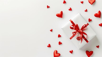 White gift box accompanied by festive red hearts on a white background, Ai Generated