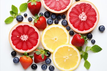 Colorful summer fruit composition. Fresh and healthy eating concept with assorted fruits, top view...