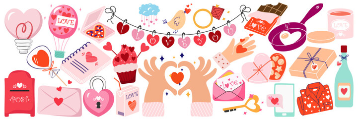 Big set of romantic elements for Valentine s day. Hearts, sweets, flowers, cupcakes, gifts, ice cream and other cute items. Vector illustrations for valentines day, stickers, greeting cards