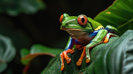 A red-eyed tree frog sits on top of a green leaf, Ai Generated