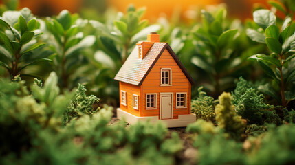 Charming Small Toy House Amid Lush Plants, Ideal Symbol of Private Country Living, Real Estate Concept with Isolated Background and Copy-Space for Promotional Content.