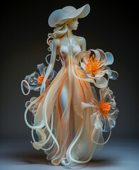 A woman dressed in a white orchid costume with flowing glass sculptures. Light white and orange...