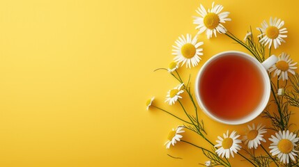 Obraz na płótnie Canvas A cup of delicious chamomile tea positioned on a yellow background, with designated space for text, Ai Generated.