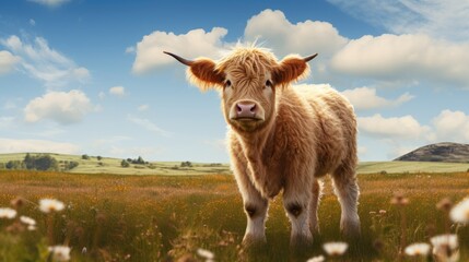 A calf is standing in a field of flowers, Ai Generated