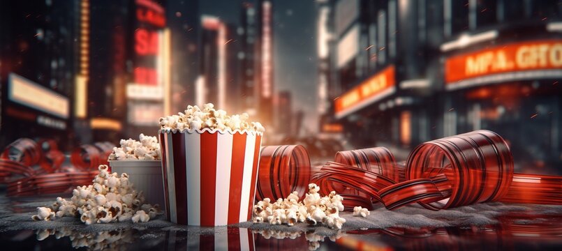 Luminous entertainment themed background with blurred bokeh effect and iconic symbols