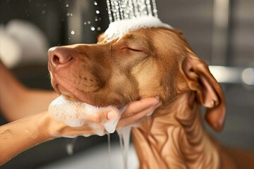 Playful hungarian vizsla dog showering with shampoo in grooming salon, enjoying bath time - obrazy, fototapety, plakaty
