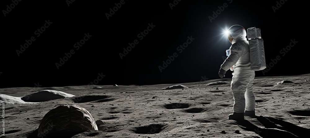 Poster astronaut exploring the lunar surface with a stunning view of earth in the vastness of space