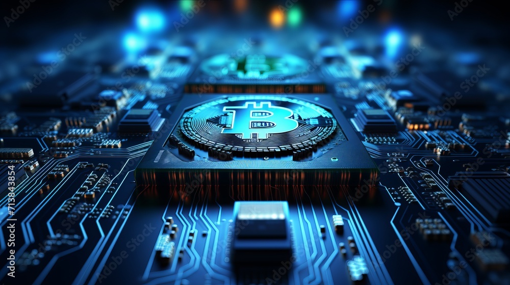 Poster bitcoin symbol on blue background with iot technology for digital currency and blockchain concept.
