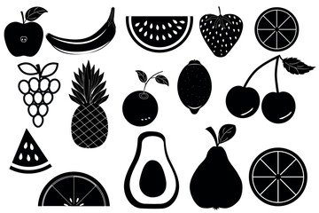 Set of vector icons of various fruits and berries. Collection of vitamin illustrations, vegetarian symbols, fruit silhouettes in black.