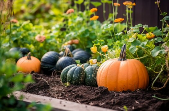 Orange and green pumpkins growing in garden. Autumnal vegetable harvest on farmland greenhouse. Generate ai