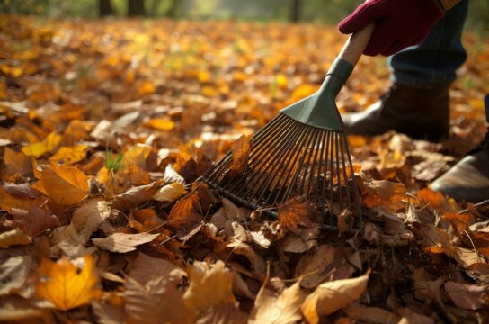 Rake autumn leaves. Pile of yellow leaves with rake gardening instrument. Generate ai