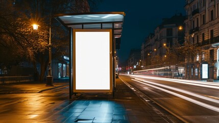 Mockup of a bus shelter to place a sign, at night - obrazy, fototapety, plakaty
