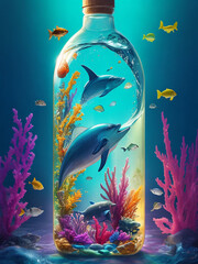 Magazine Cover photo for sea animals in a glass bottle Generative AI