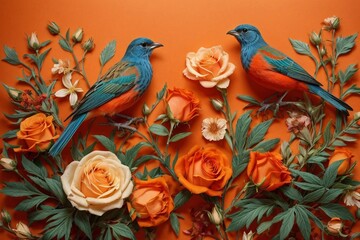 Obraz premium Nature's Melody Generative AI's Bird, Rose, and Botanical Bliss in Colors