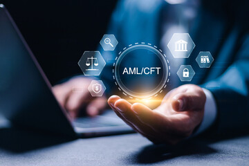 AML : Anti Money Laundering and CFT : Countering the Financing of Terror regulations and compliance concept. businessman use laptop with virtual AML and CFT icons. - obrazy, fototapety, plakaty