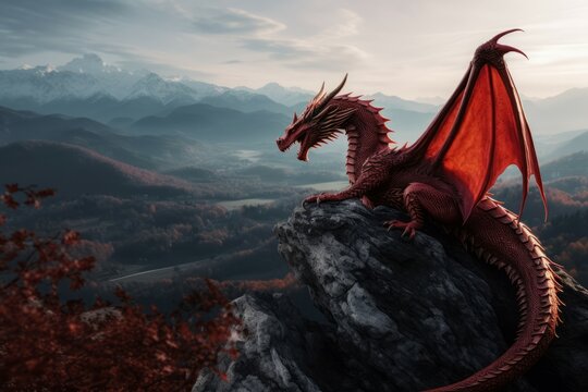Red dragon beast on cliff. Legendary mythological drake creature on mountain peak. Generate ai