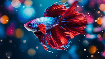 Fototapeta premium Vibrant betta fish against dazzling bokeh backdrop underwater macro photography, aquatic life