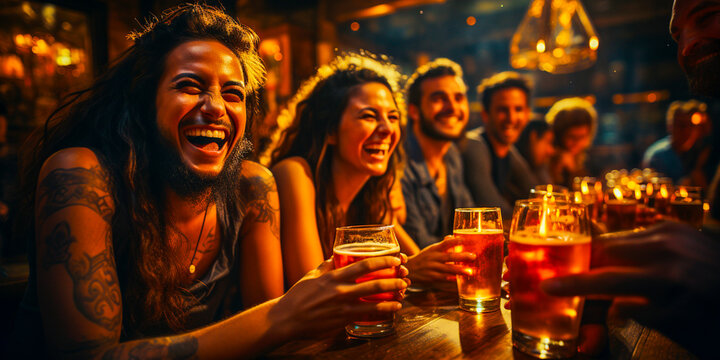 A group of friends enjoying happy hour at a brewpub. Laughter and camaraderie fill the air as they chat and drink beer. Happy hour specials let you enjoy a night out with friends