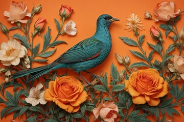 Obraz na płótnie Canvas Floral Symphony Generative AI's Bird and Rose Botanical Elegance on Colorful Canvas