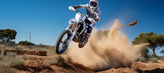Motorcycle stunt  off road motocross bike mid air jump with dirt trail and canyon against blue sky