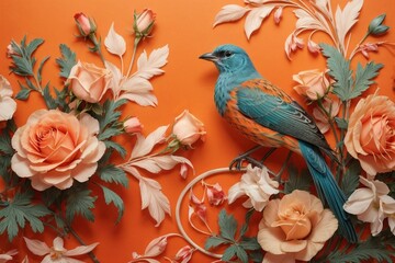 Obraz na płótnie Canvas Floral Symphony Generative AI's Bird and Rose Botanical Elegance on Colorful Canvas