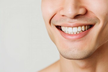 歯並びの綺麗な笑顔の男性の写真（矯正 ・ 歯列矯正 ・ マウスピース矯正 ・ホワイトニング・ 歯科治療 ） - obrazy, fototapety, plakaty