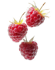 Flying raspberries on a transparent background.