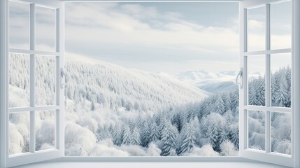 Snowy mountain and forest view from cottage window, perfect for product display in winter.