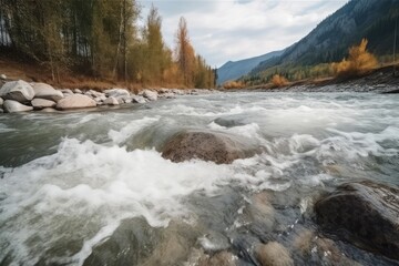 River from mountain. Fast flowing alpine water stream scenic view. Generate ai