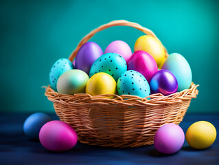 Fototapeta na wymiar Colorful Easter eggs in a basket - ai generative