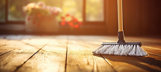 Cleaning tools on parquet floor, blurred background, space for text and design creativity.